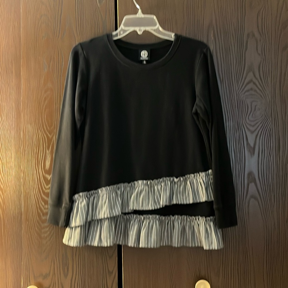 Bobeau long sleeved black top with gray/ white striped ruffles. Size Medium.
